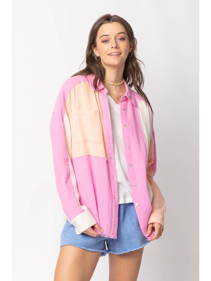 VERY J - Wholesale Button Down Shirt - Women's - NT10324-Color Blocked Button Down Shirt10