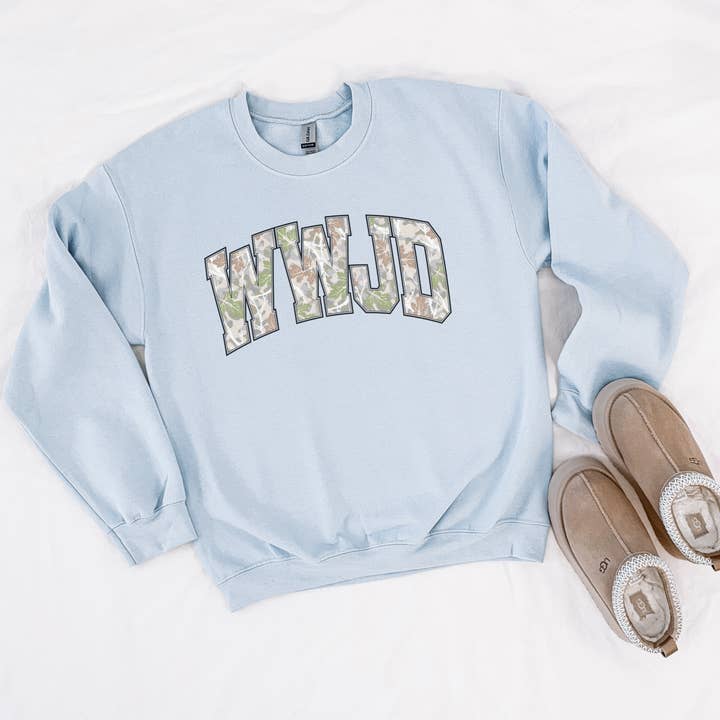 Hey Jude Graphic Tees - Wholesale Graphic Sweatshirt - Women's - WWJD Camo Letter Sweatshirt | Faith Graphic Crewneck2