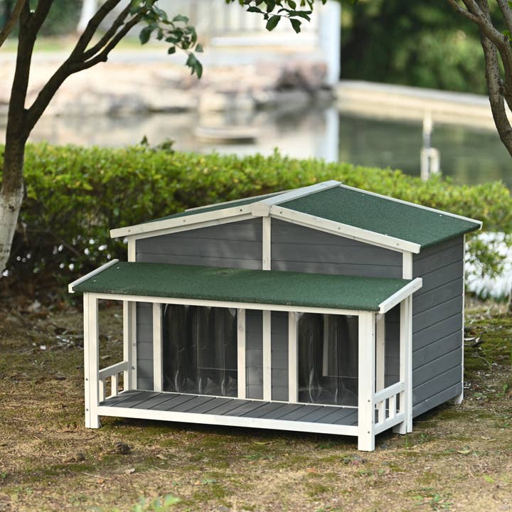 Gray Large Wooden Dog House with Porch, 2 Doors, Cabin Style for wholesale on Faire5