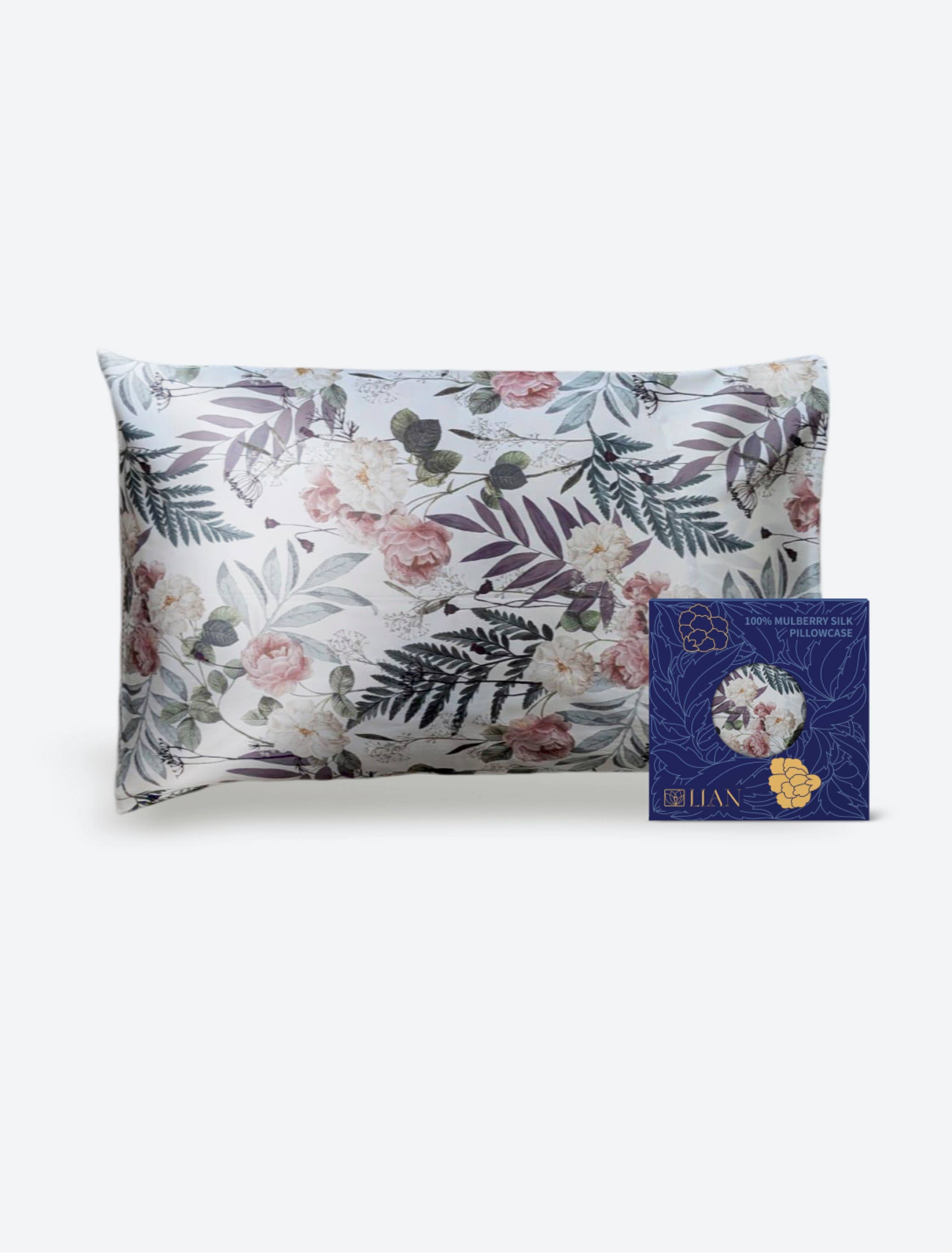 Lian Collection - Wholesale Hoofdkussenhoes/met rits - 100% Moerbeizijde Kussensloop: Pioenroos en Varen