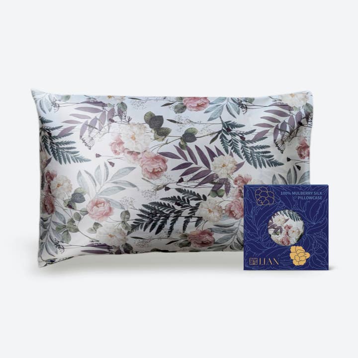 Lian Collection - Wholesale Hoofdkussenhoes/met rits - 100% Moerbeizijde Kussensloop: Pioenroos en Varen0