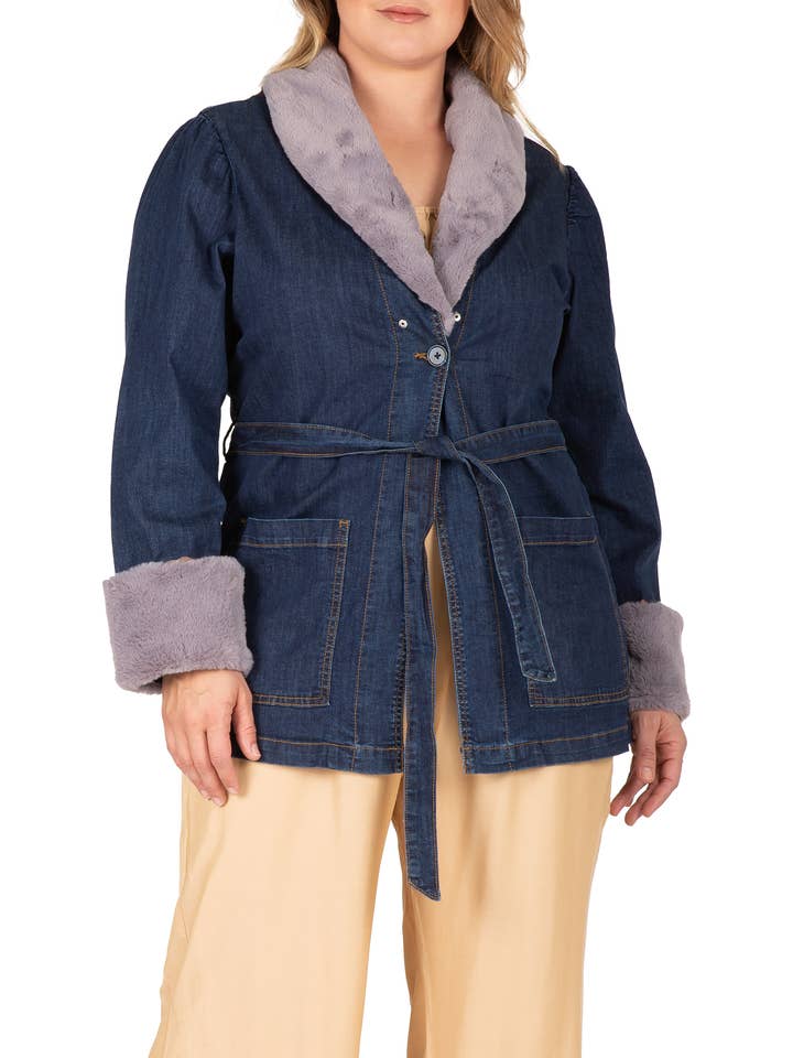 Women's Plus Size Detachable Faux Fur Denim Wrap Coat for wholesale by Standards & Practices