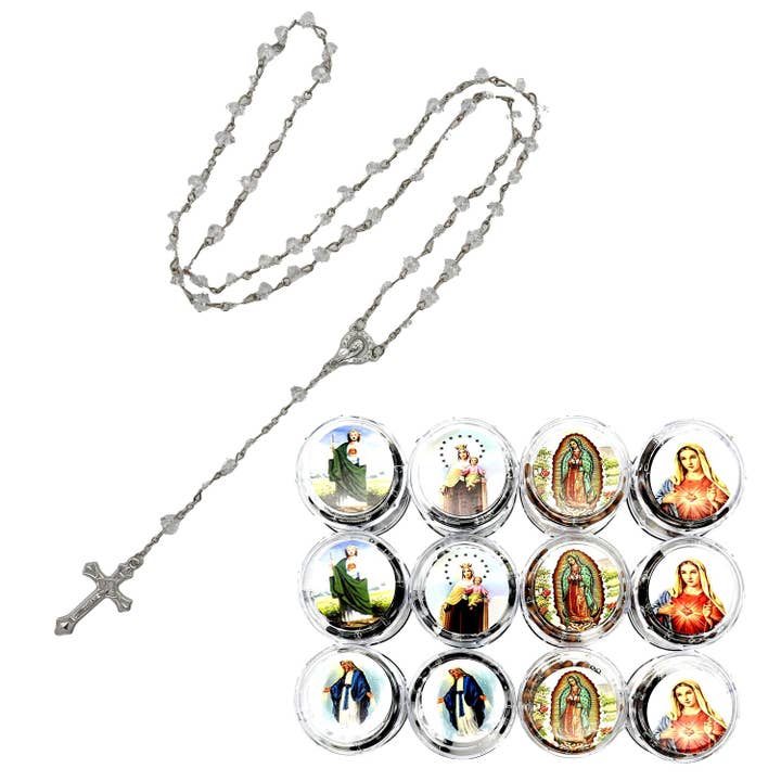 12 Pack Case Clear Rosary Beads Catholic Lariat Necklace for wholesale by Diacly