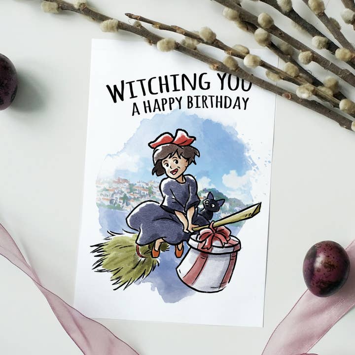 Aaron Millard Illustration - Wholesale Birthday Card - "Witching You" Young Witch Broom Anime Birthday Card