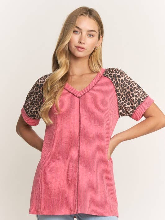 T5180HE11PL-Plus Urban Rib Animal Contrast Sleeve V Neck Top for wholesale by Sunday Morning