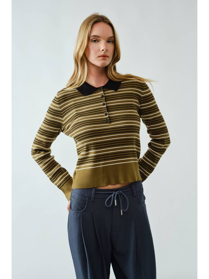 Aaron & Amber - Wholesale Polo - Women's - AJT5193 TIMELESS STRIPED POLO SWEATER TOP13