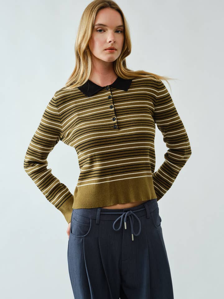 AJT5193 TIMELESS STRIPED POLO SWEATER TOP for wholesale by Aaron & Amber