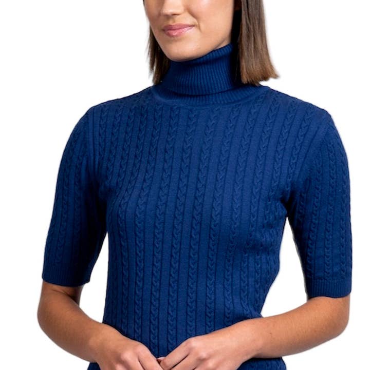 Biana - Wholesale Knit Top - Women's - Sherri Short Sleeved Cable-Knit Turtleneck, Navy0
