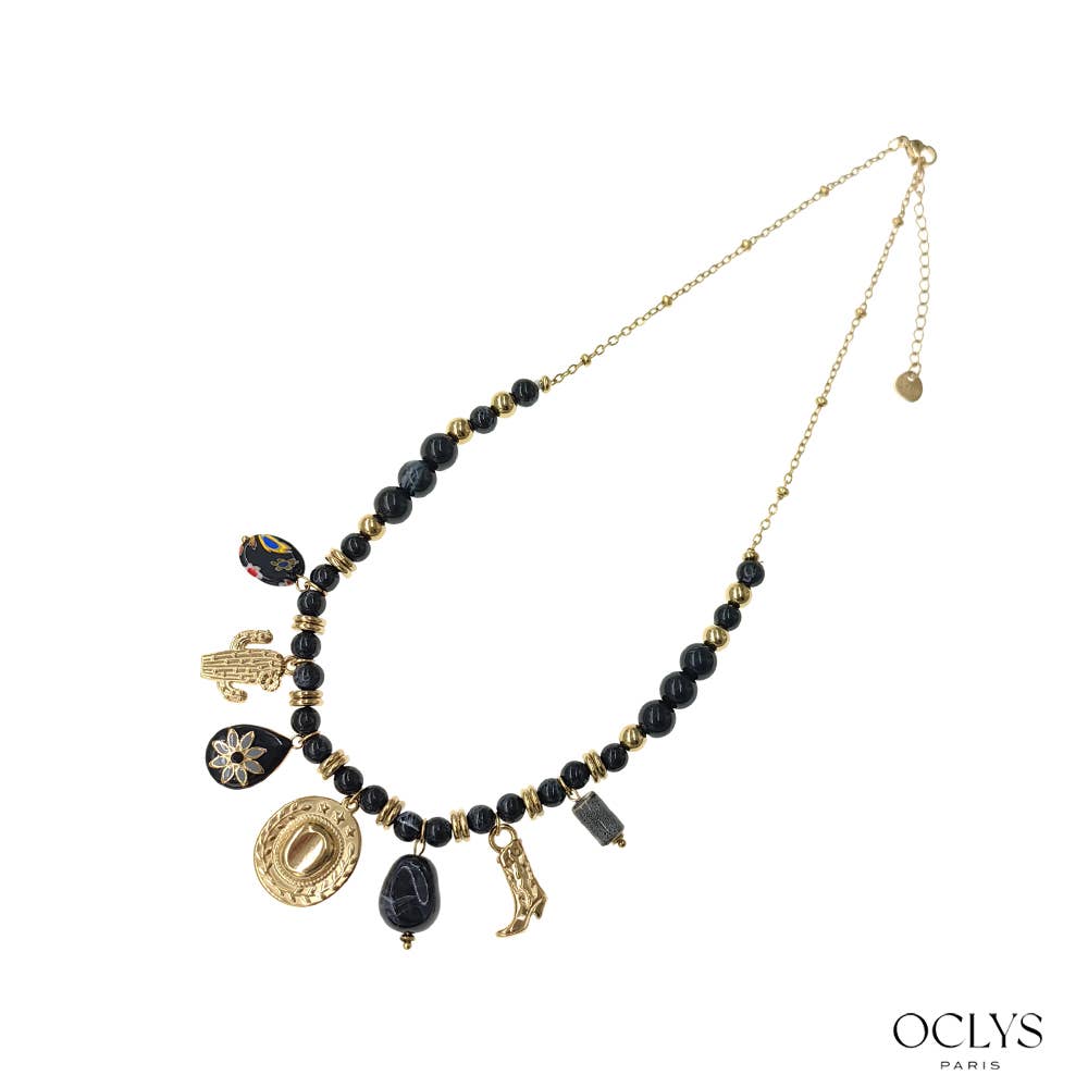 Oclys - Wholesale Pendant/Charm Necklace - Resin pearl necklace with cowboy charms in gold stainless steel3