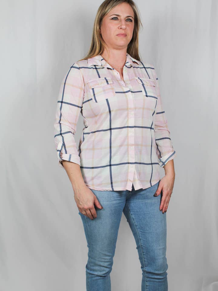 PN35345-L - Lilac 29A Plaid Roll Tab Shirt - Plus A1790 for wholesale by K & C Clothing, Inc.