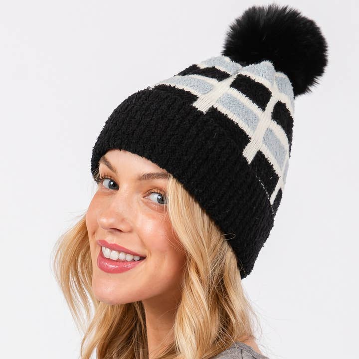 COZY COLOR BLOCKED POM POM BEANIE, MH 0184 for wholesale by JOIA ACCESSORIES