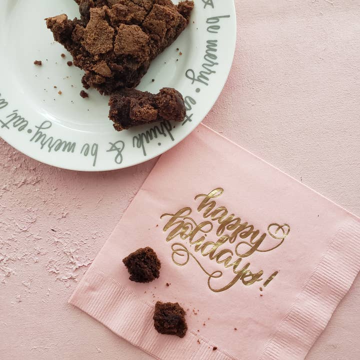 FioriBelle - Wholesale Disposable Napkin - Gold Foil Pink Christmas Napkins - Happy Holidays Napkin