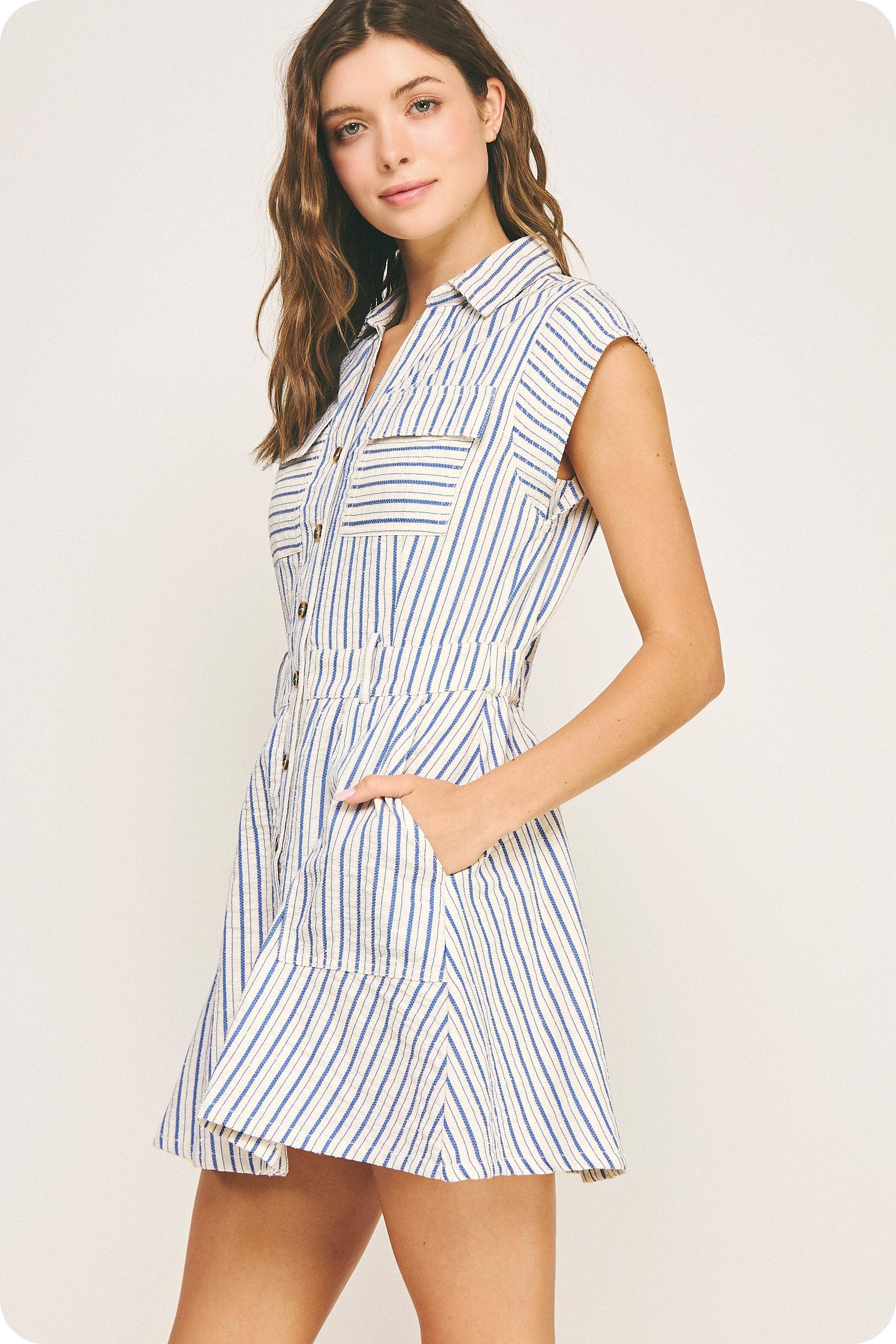 Strut & Bolt - Wholesale Dress - Women's - Top-Stitch Sleeveless Stripe Cotton Mini Dress6