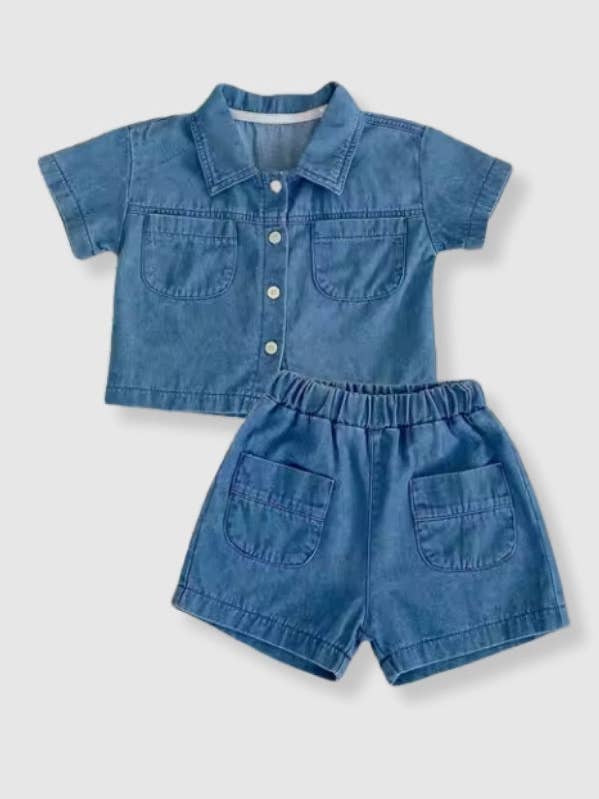 Denim Collared Two-Piece Set 100% Cotton for wholesale by Bleu & Co