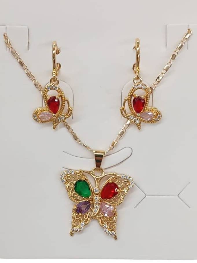 Flerfarvet gulddypet sommerfuglehalskædesæt for engroshandel hos Lucylou Collection