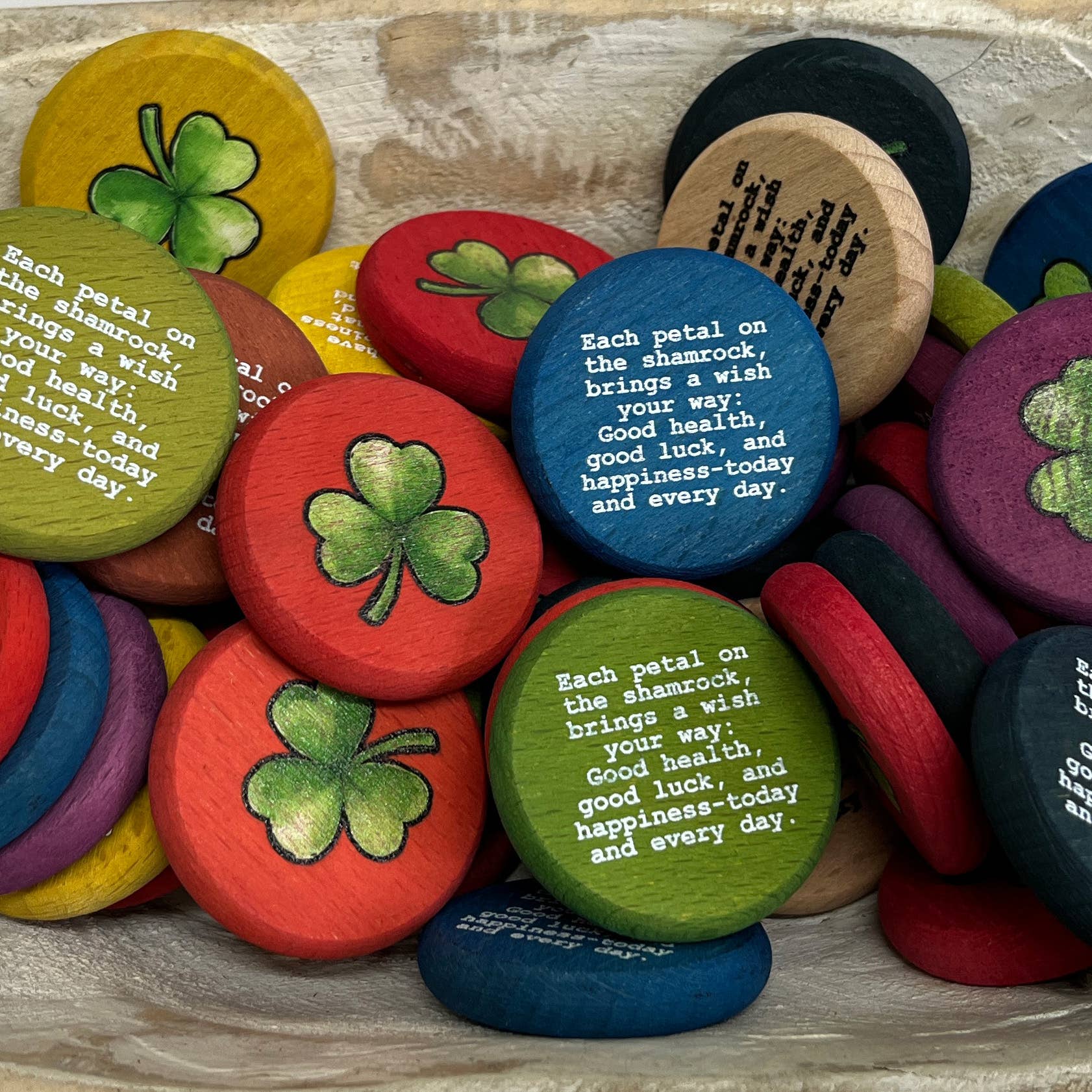 SHOPGIVECOURAGE - Wholesale Keepsake Coin/Token - Inspirational Wood Coin Token - Shamrock - Each petal...Luck0