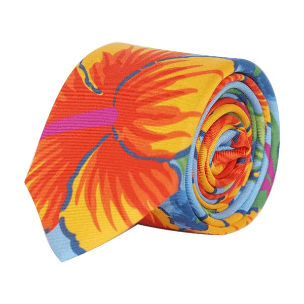 Handgemaakte Italiaanse zijden stropdas Skinny met bloemenprint - blauw en oranje voor wholesale door COCHIC