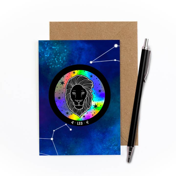 Leo Birthday Sticker Greetings Card for wholesale by Amy Illustrates