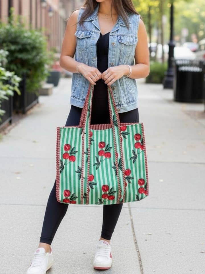 Campbell Green Striped Cherry Tote Bag for wholesale by Nash Grey