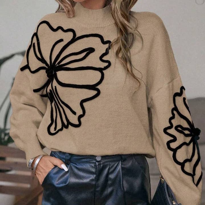 kycozy - Wholesale Knit Sweater - Women's - Embroidered 3D Flower High Neck Sweater5