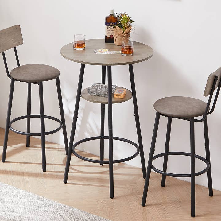 39F Inc. - Wholesale Stool - Round bar stool set with shelf, upholstered stool