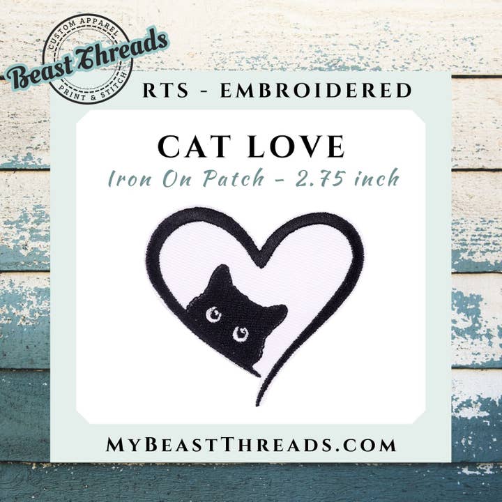 Cat Love Embroidered Patch - RTS for wholesale by Beast Threads LLC