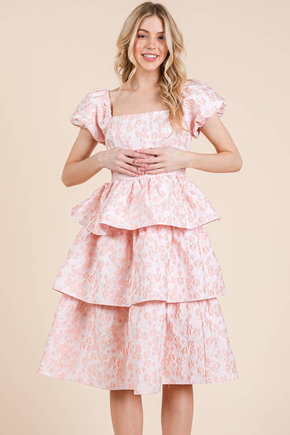 GeeGee x Lovelo - Wholesale Jurk - Dames - Floral Jacquard Gelaagde Midi Jurk, MD515483