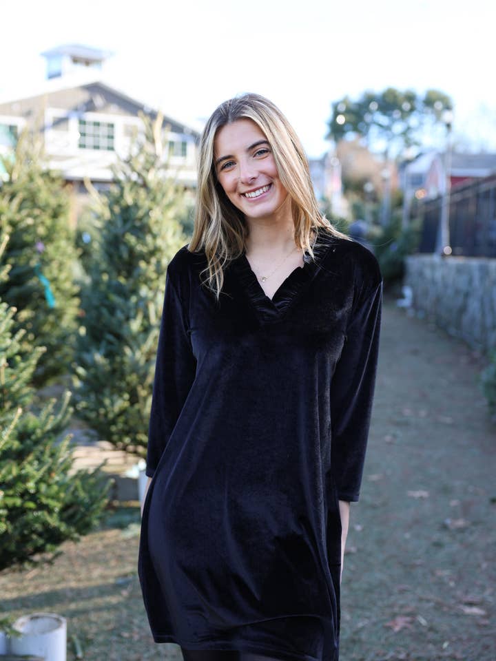 Vivienne Velvet Dress – Elegant Ruffled Neckline -Winter 2025 for wholesale by Top It Off