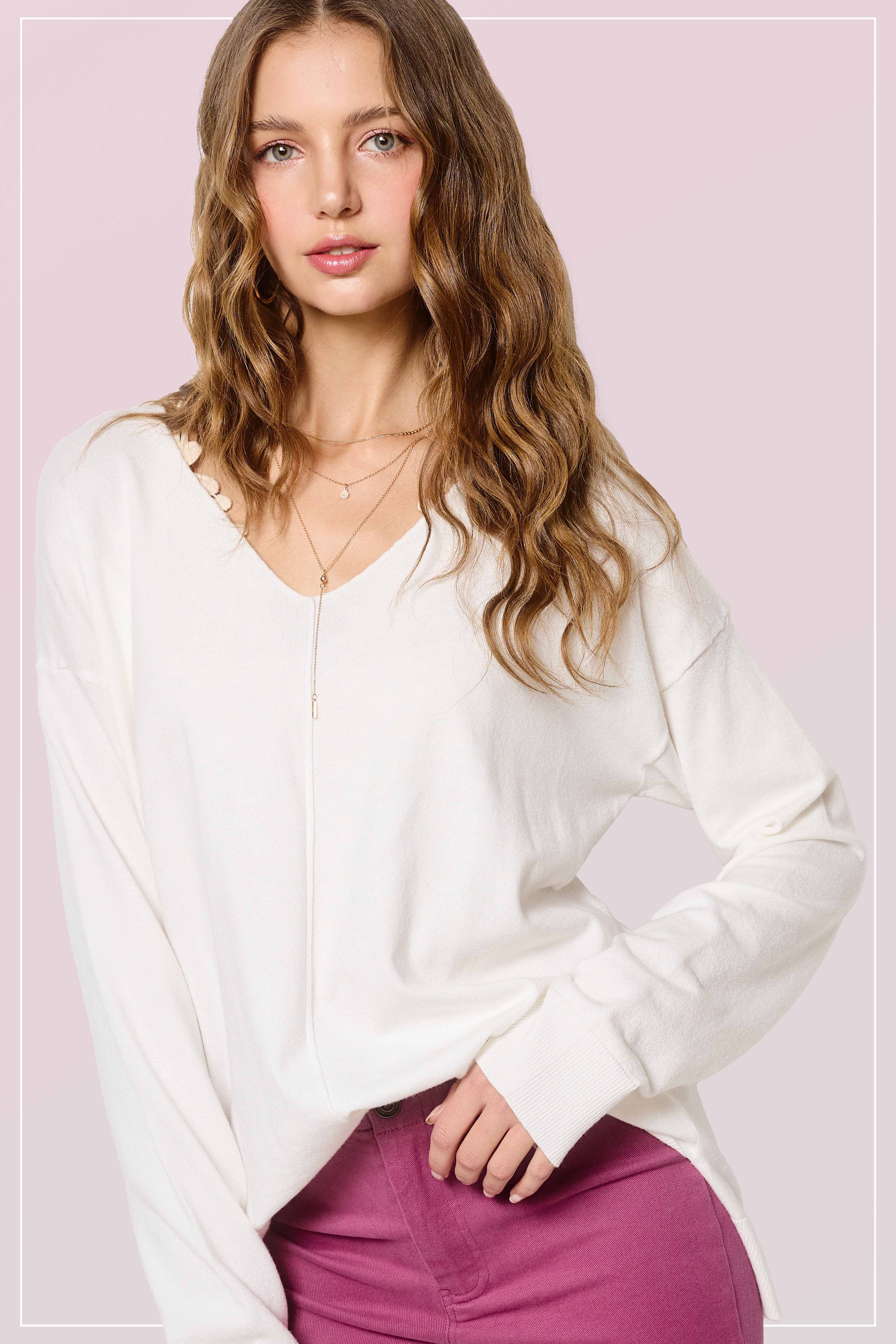 La Miel - Wholesale Knit Sweater - Women's - JBS3122-Stretchy V-neck Long Sleeve Lightweight Knit Top6