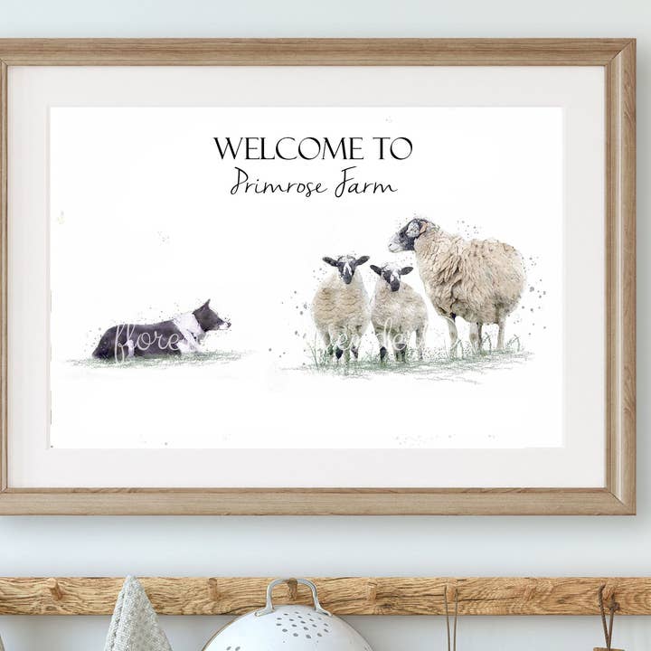 Personalised Swaledale Sheep & Border Collie Print for wholesale by Florence & Lavender