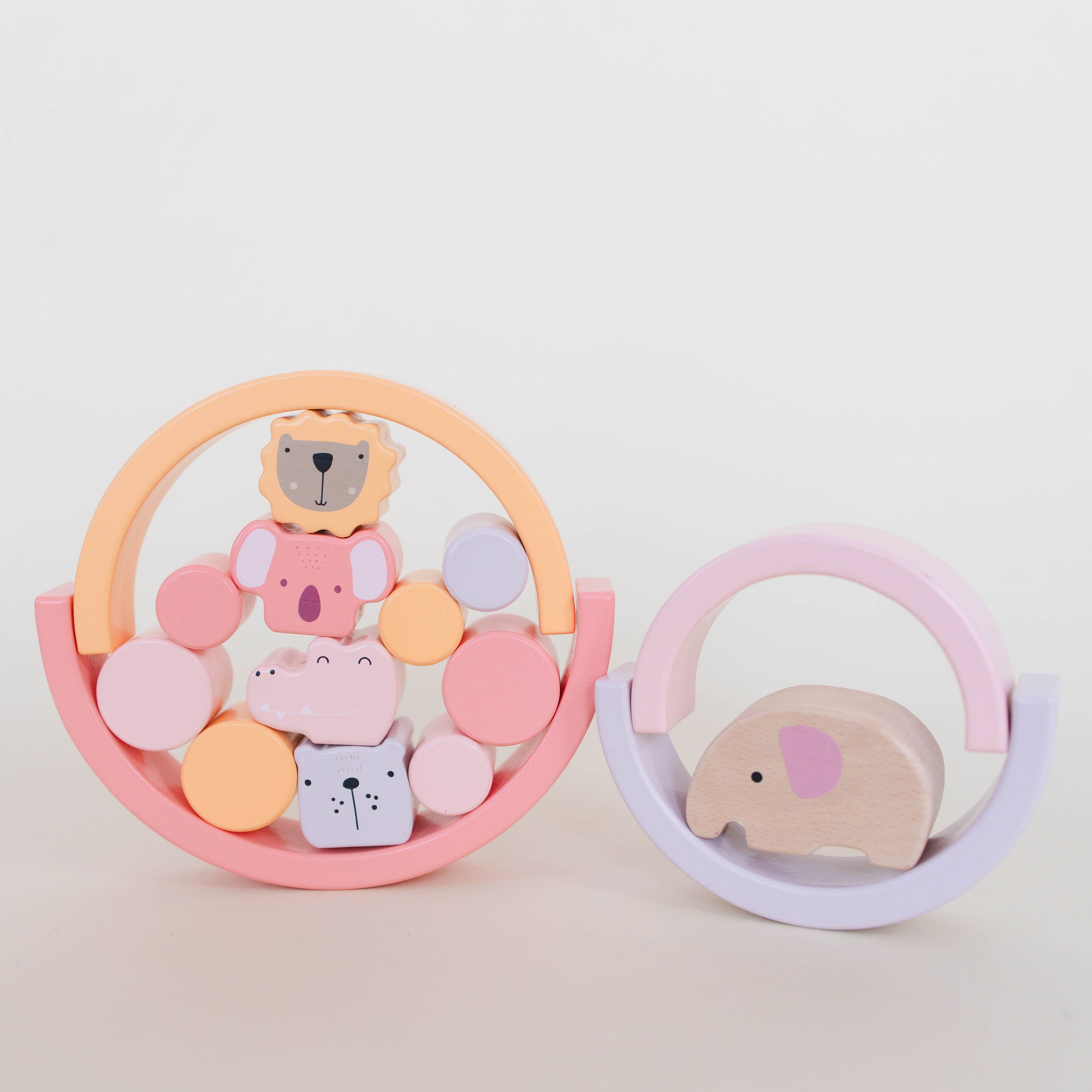 Spirit 'N Sprout - Wholesale Toy Set - Kids - CASE Pink Animal Stacking Set - Wooden Rainbow Stacking Toy 8