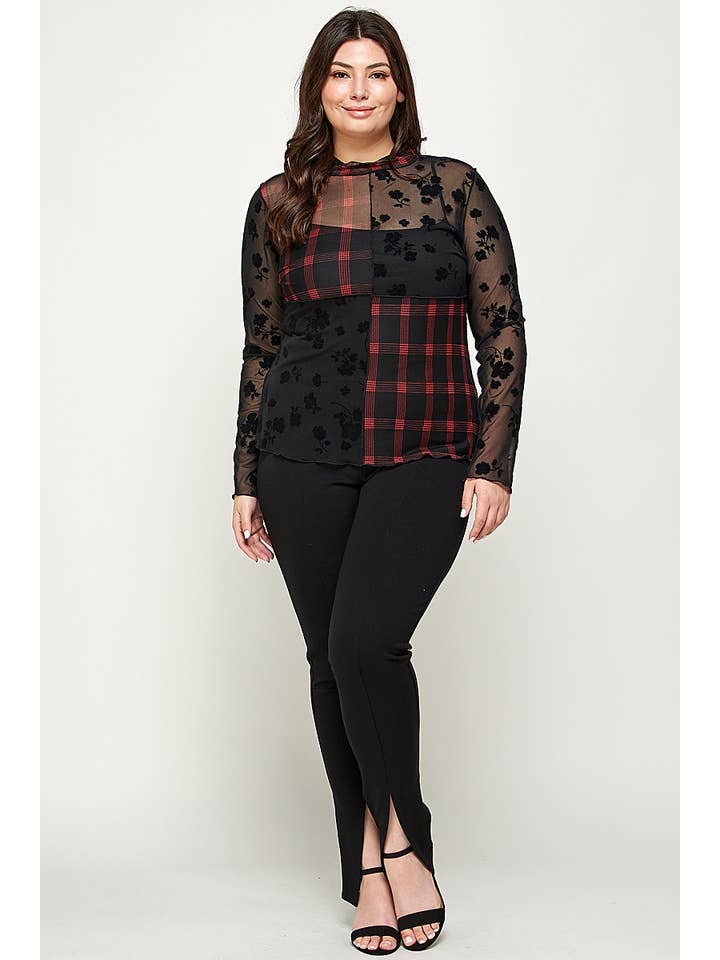 Black Plus Size Patchwork Mesh Mock Neck Top - WG17874-T for wholesale on Faire3