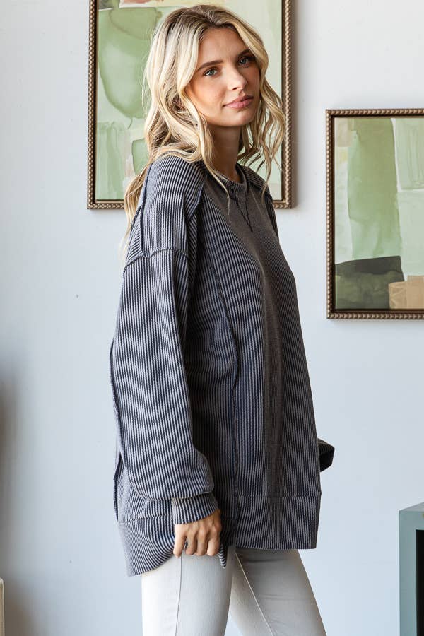 7th Ray - Wholesale Tunic - Women's - [PLUS SIZE]Rib VStitch Drop Shoulder Long Sleeve Top T5668XL5