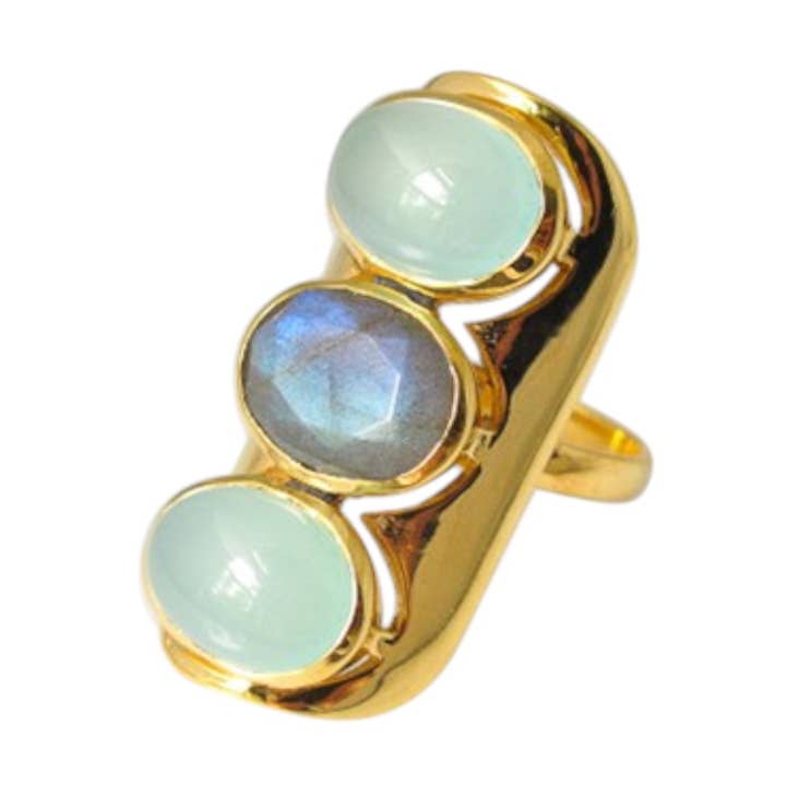 VENTE Grande Bague Labradorite & Calcédoine à 3 Pierres Plaquée Or pour la vente par Saraswati Imports