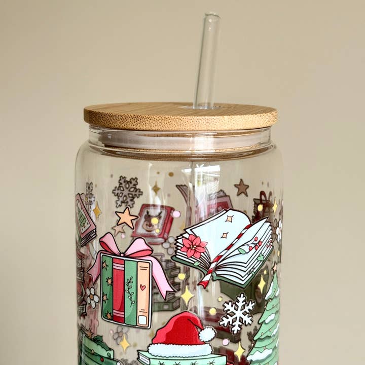 the cute cloud – wholesale Drinking glass/cup – Magical Christmas Books Double Sided Glass Cup + Lid & Straw4