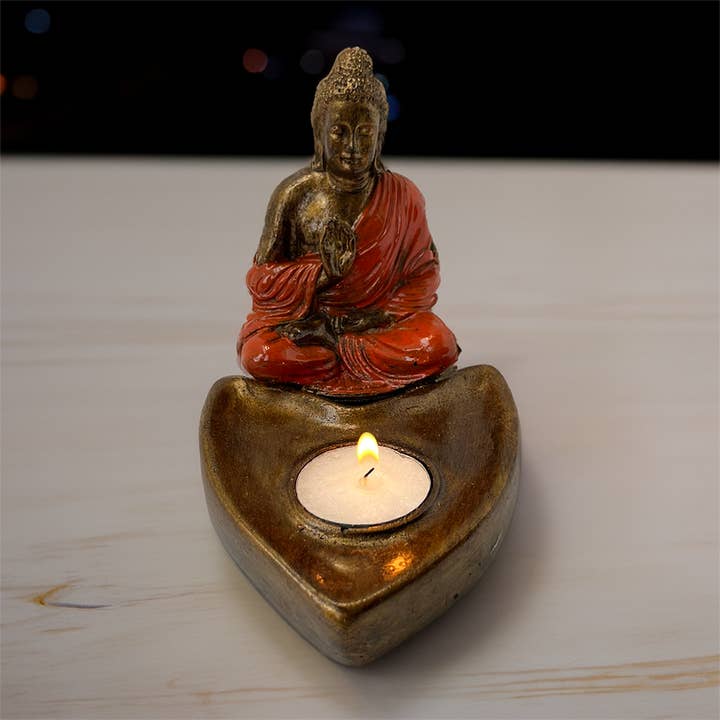 Orange-Robed Buddha with Tea Light Holder, 12x9x15cm for wholesale by VIE