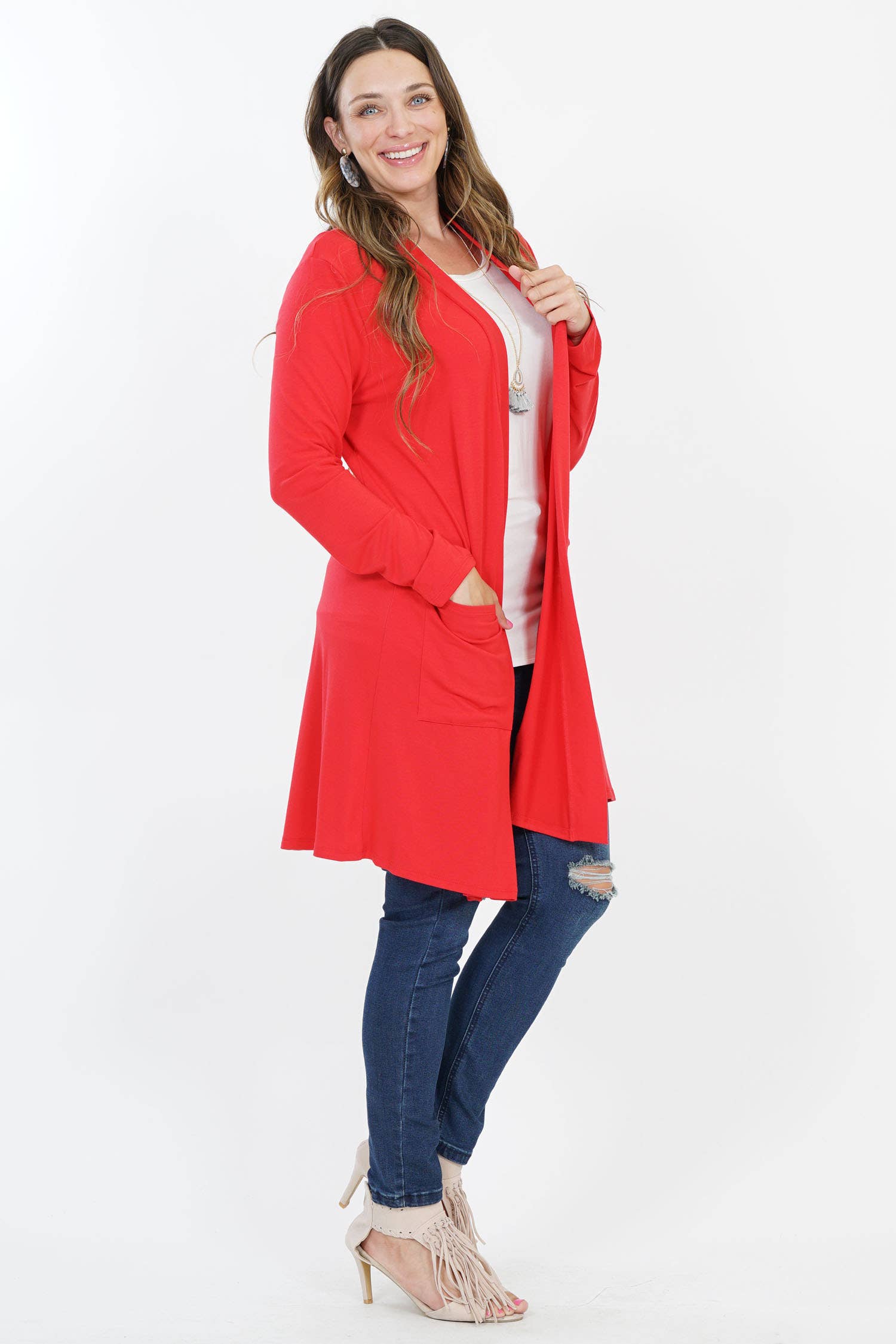 42POPS - Wholesale Cardigan - Women's - ..SI-7552 Plus Knee Length Slouchy Pocket Open Cardigan11