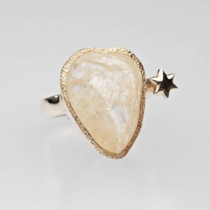 Pedra preciosa da Lua Raw, Anel Ajustável Prateado - Remi por atacado de Koko