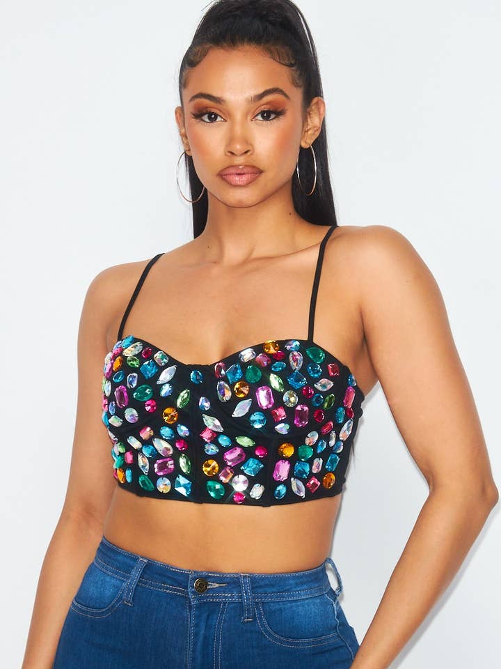 Haut court en nylon à bustier à bijoux multicolores pour filles (HGT9876) pour la vente par Hot & Delicious