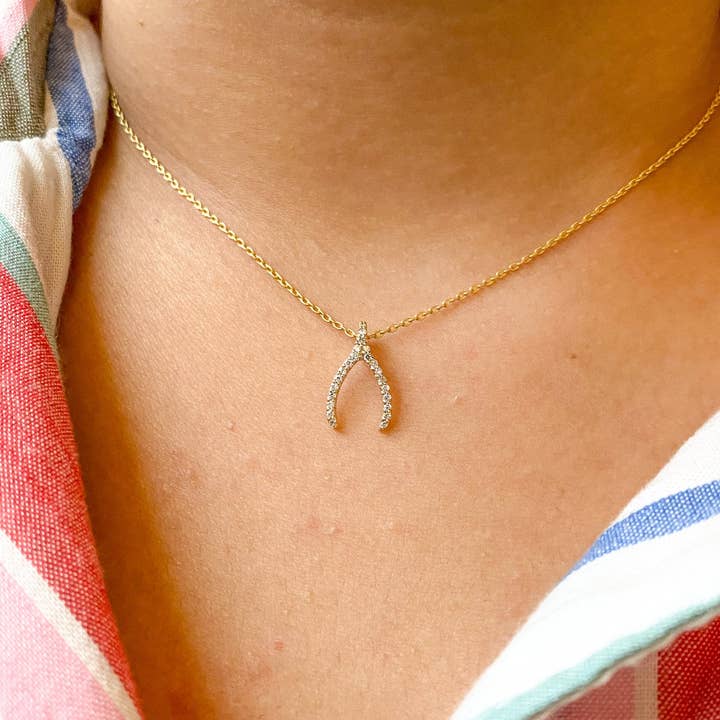 Wish Bone Pendant 14 K Solid Gold With Natural Pave' Diamonds / Dainty Wishbone Charm / Make a Wish Diamond Pendant for wholesale by SHREE DIAMOND GEMS AND JEWELS