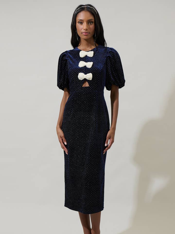 Navy Nelly Dot Velvet Pearl Bow Midi Dress for wholesale on Faire