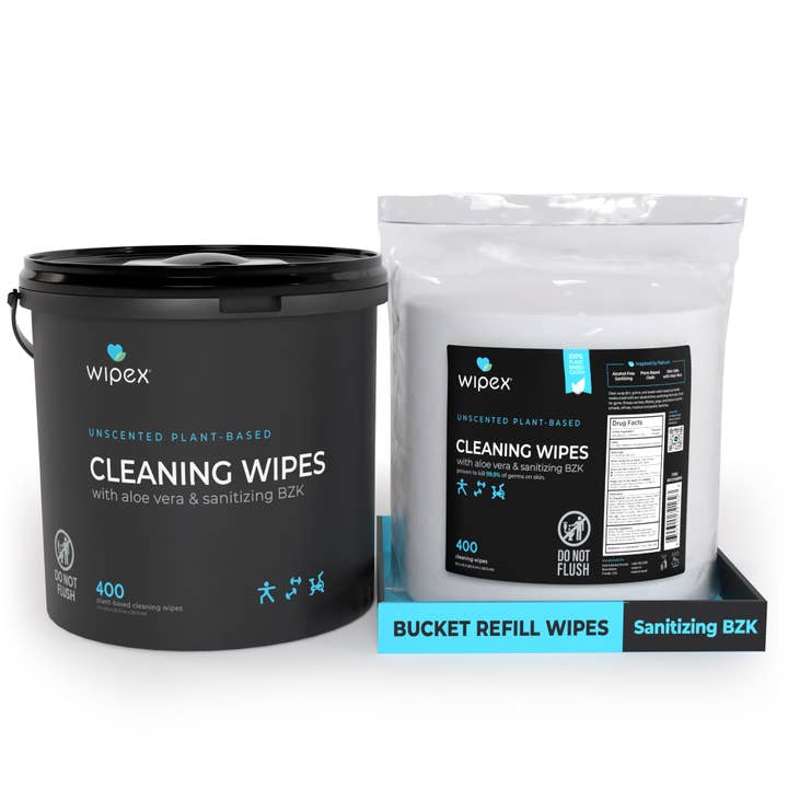 Antibacterial Bulk Gym Wipes Portable Dispensing Bucket 400ct | Skin-Safe 98.9% Natural Formula | Plant-Based Materials for wholesale by Wipex