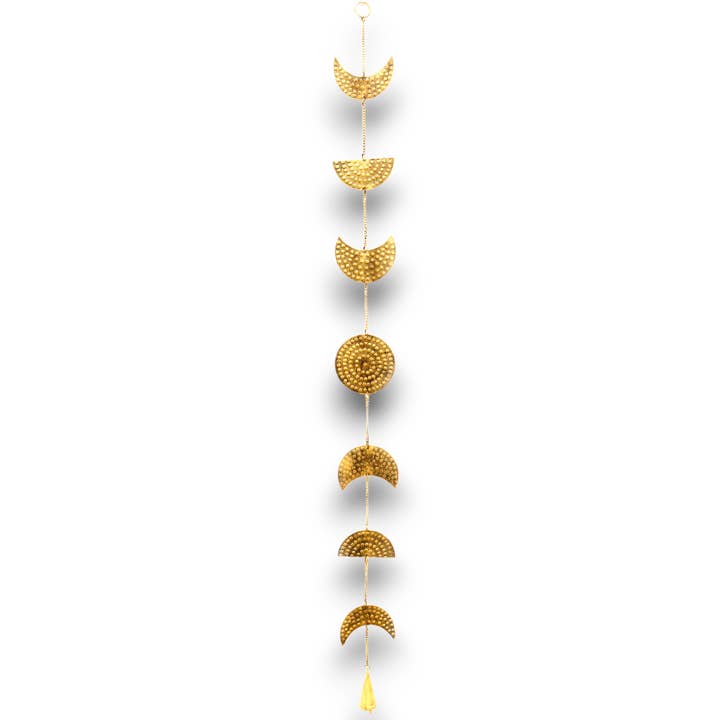 Indian Chimes - Brass Moon Phases Drop with Bell - 25cm for wholesale by Ancient Wisdom