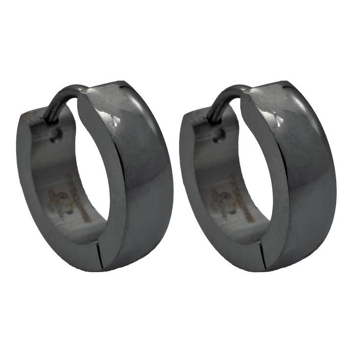 Men's Polished Black Stainless Steel 14mm Hoop Earrings for wholesale by Blackjack Mens Jewelry