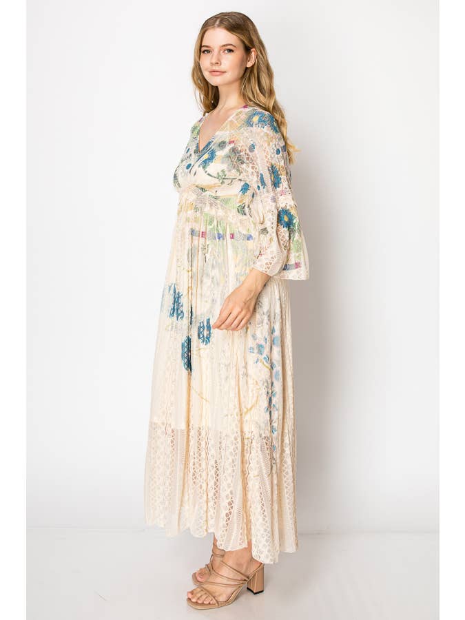 Romantic Lace Bell-Sleeved A-Line Midi Dress - 4658 BG JADE FL for wholesale on Faire2