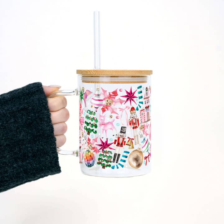 Sip-Sip Hooray! - Wholesale Coffee Mug - Whimsical Christmas Clear Glass Mug with Lid & Straw0