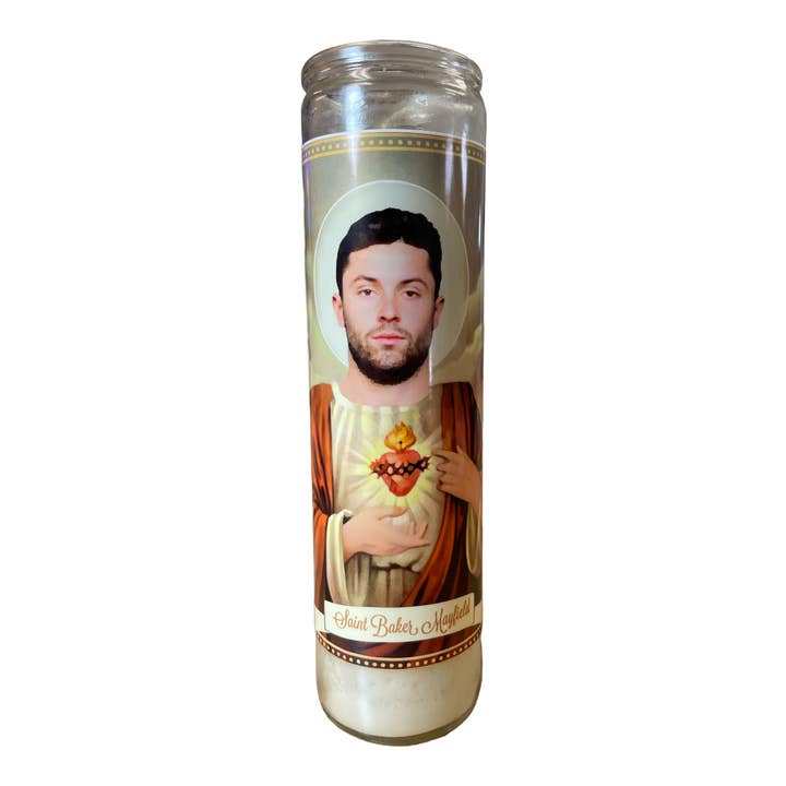Baker Mayfield Devotional Prayer Saint Candle for wholesale by The Luminary and Co.