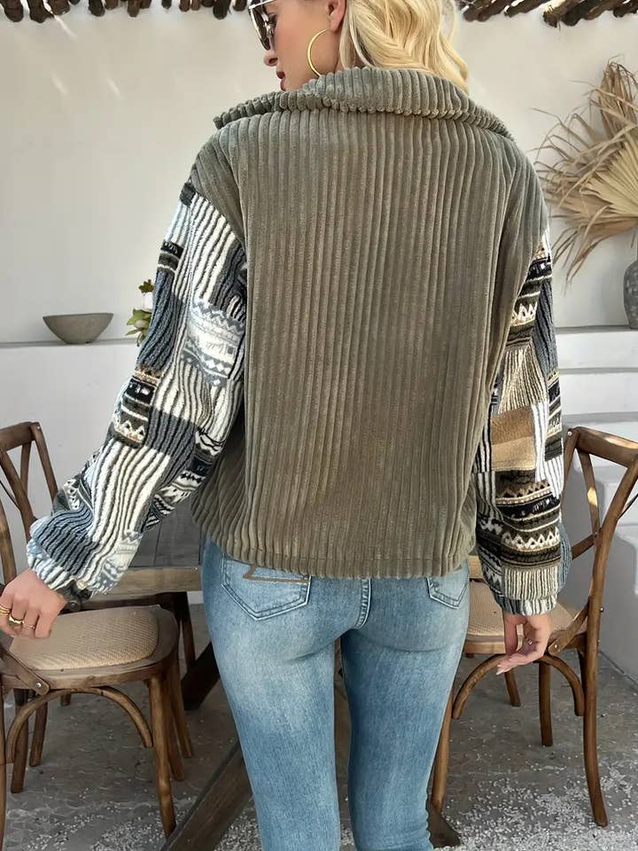 Olive Western Aztec patchwork fleece button-up jacket for wholesale on Faire5