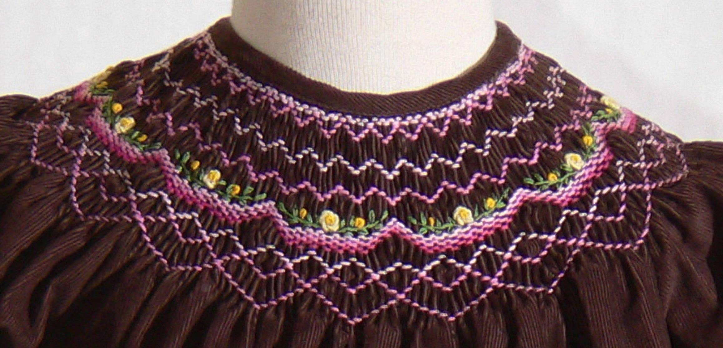 Hello Bebes! - Wholesale Dress - Kids - Chocolate Brown Corduroy Geo Smocked Short SleeveBishop Dress1