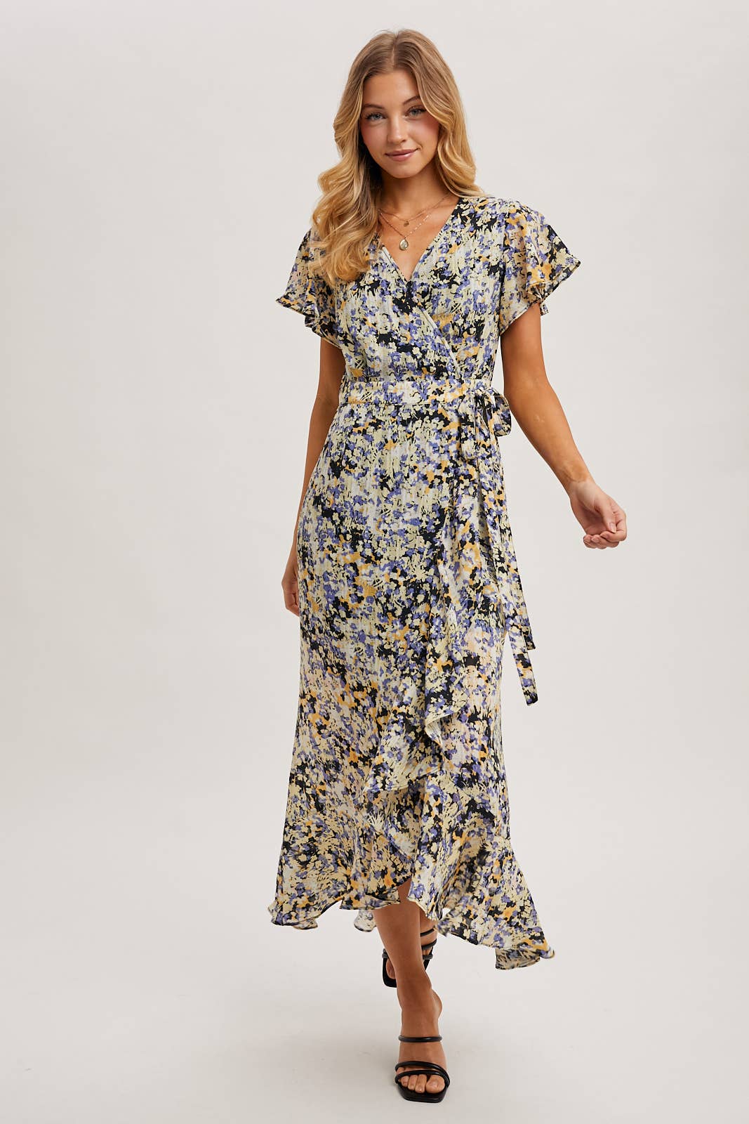 Bluivy - Wholesale Dress - Women's - FLORAL PRINT WRAP RUFFLED MIDI DRESS - EASTER DAY13
